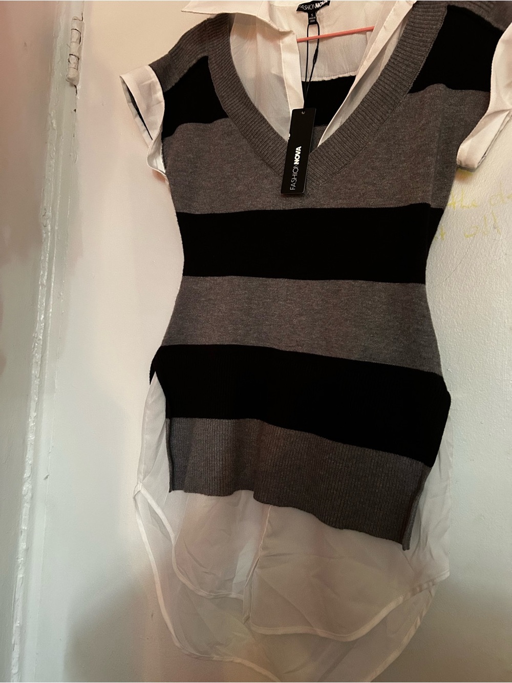 Fashion Nova Gray & Black Striped V-Neck Layered Top with White Chiffon Hem